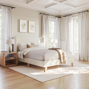 image:imageMartha Stewart Maisie Platform Bed with Wingback Headboard and Cushioned Side Rails Faux Linen Upholstery Wood Slat Foundation No Box Spring Needed Queen BeigeOffwhite