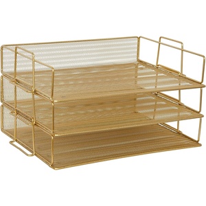 image:imageMartha Stewart Ryder 3 Tier Desk Letter Tray Organizer Stackable Steel Mesh Inbox Tray for Files Papers or Letters Gold