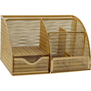 image:imageMartha Stewart Ryder Gold Mesh Metal Small Desktop Organizer for Office Accessories Notebooks Pen Holder and Drawer