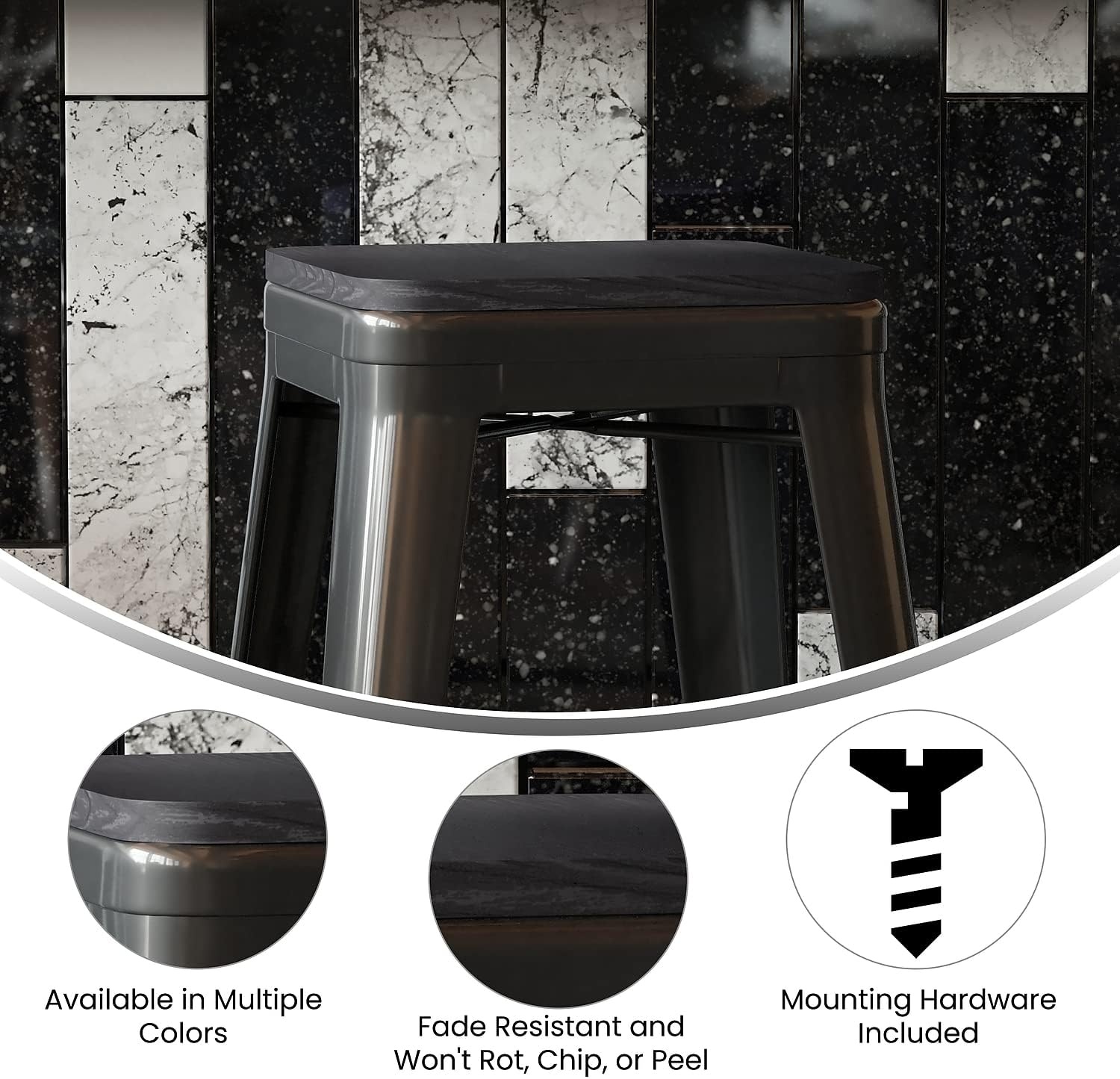 image:imageFlash Furniture Perry Set of 4 Poly Resin Wood Seat  Gray Polystyrene  Rounded Edges for Comfort  For Colorful Metal Chairs and Stools  IndoorOutdoorBlack