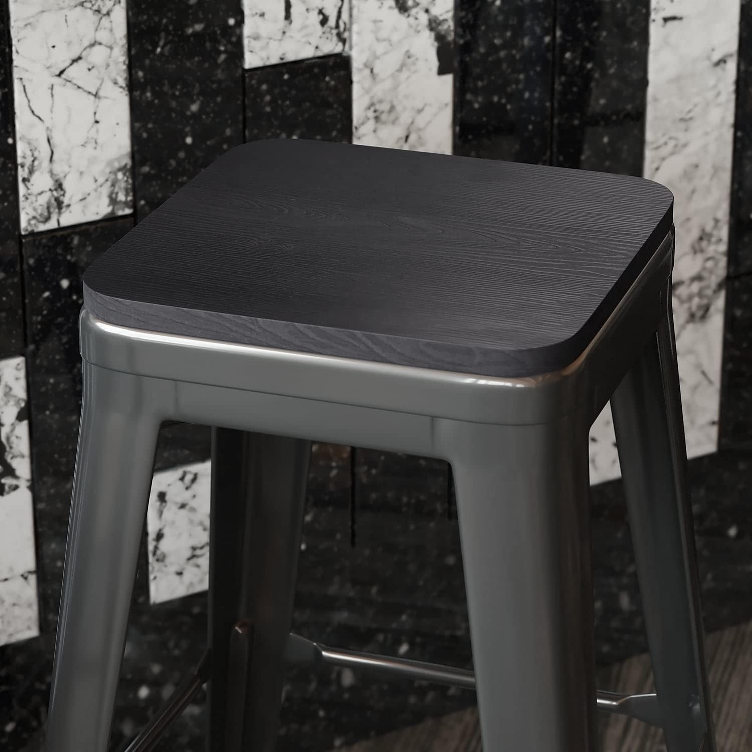 image:imageFlash Furniture Perry Set of 4 Poly Resin Wood Seat  Gray Polystyrene  Rounded Edges for Comfort  For Colorful Metal Chairs and Stools  IndoorOutdoorBlack