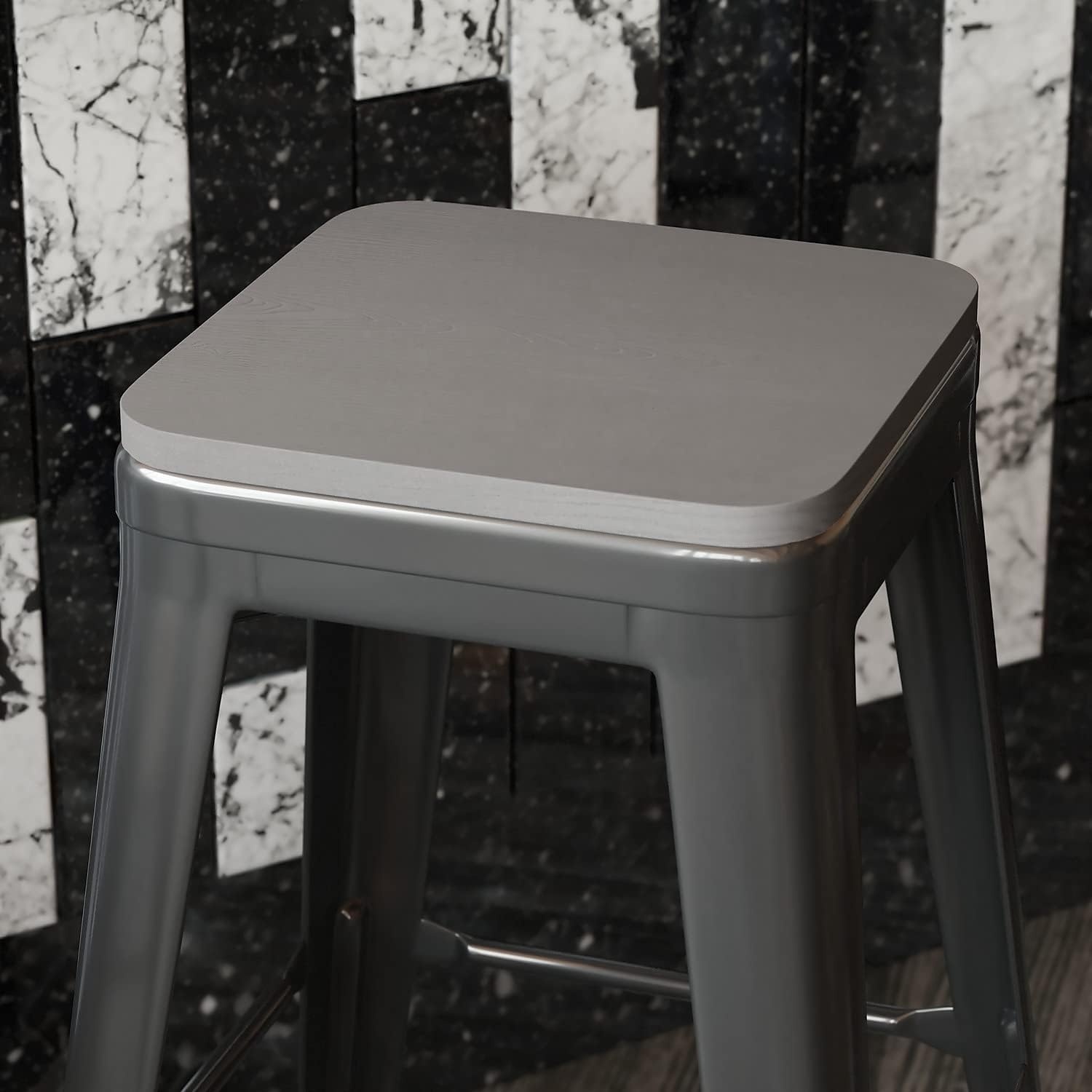 image:imageFlash Furniture Perry Set of 4 Poly Resin Wood Seat  Gray Polystyrene  Rounded Edges for Comfort  For Colorful Metal Chairs and Stools  IndoorOutdoorGray