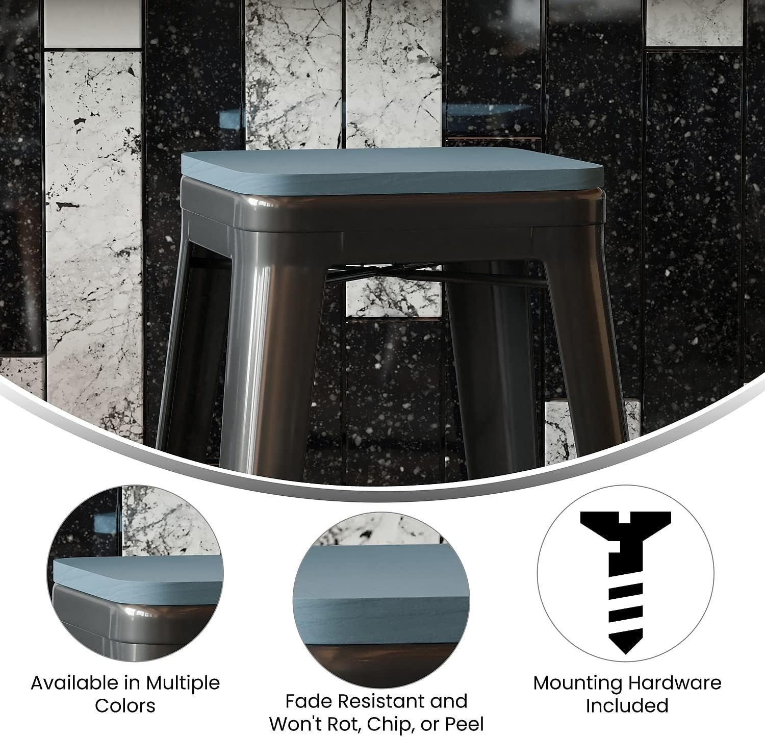 image:imageFlash Furniture Perry Set of 4 Poly Resin Wood Seat  Gray Polystyrene  Rounded Edges for Comfort  For Colorful Metal Chairs and Stools  IndoorOutdoorTealblue