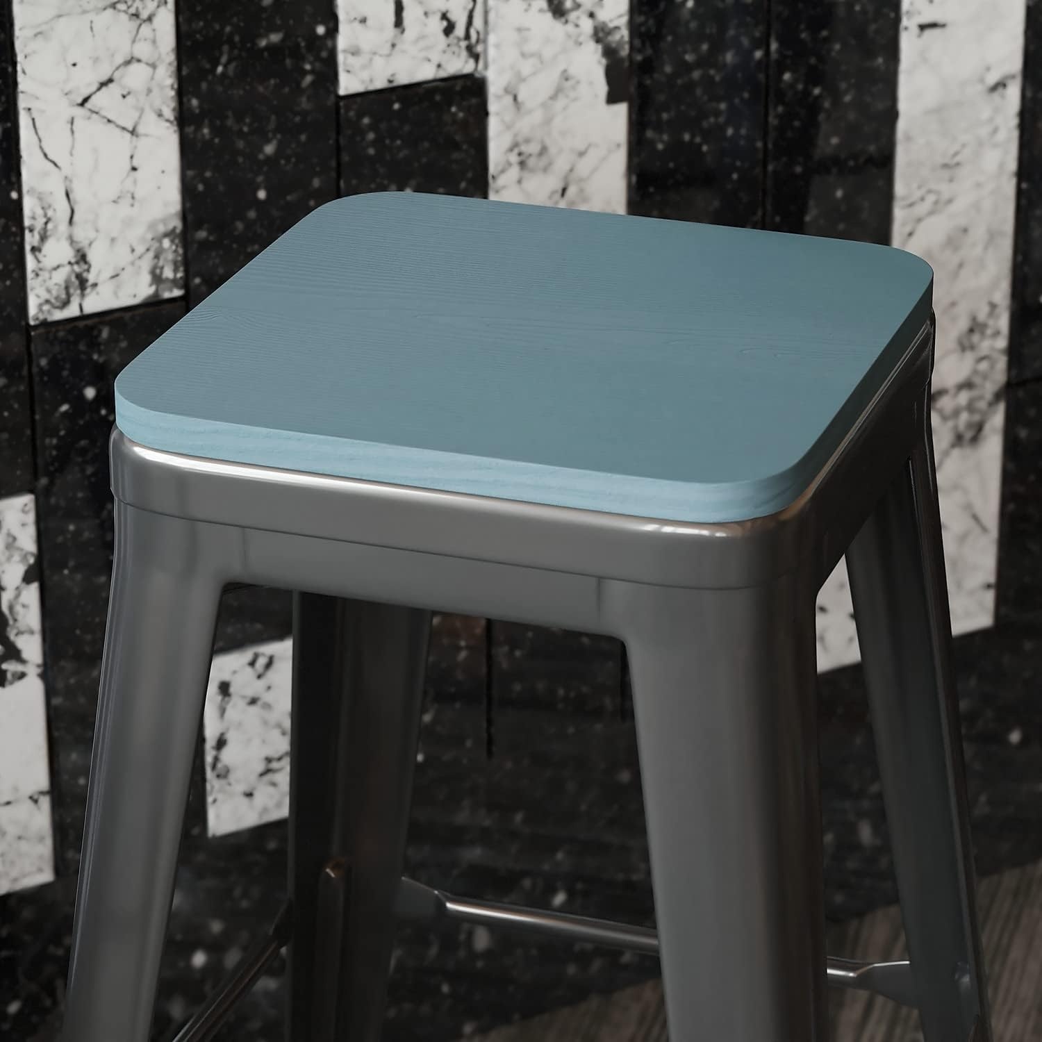 image:imageFlash Furniture Perry Set of 4 Poly Resin Wood Seat  Gray Polystyrene  Rounded Edges for Comfort  For Colorful Metal Chairs and Stools  IndoorOutdoorTealblue