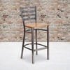 image:imageFlash Furniture 2 Pack HERCULES Series Silver Antique Finish with Clear Coat Ladder Back Metal Restaurant Barstool  Black Vinyl SeatNatural Wood SeatClear Coated Metal Frame
