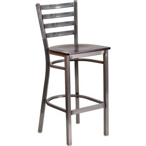 image:imageFlash Furniture 2 Pack HERCULES Series Silver Antique Finish with Clear Coat Ladder Back Metal Restaurant Barstool  Black Vinyl SeatWalnut Wood SeatClear Coated Metal Frame