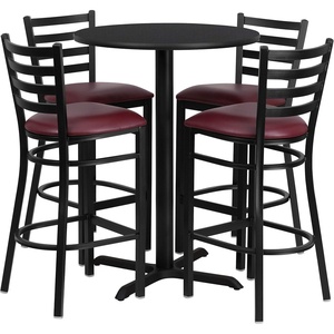 image:imageFlash Furniture 30 Round Black Laminate Table Set with XBase and 4 Ladder Back Metal Barstools  Black Vinyl SeatBlack TopBurgundy Vinyl Seat