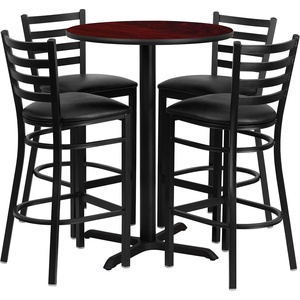 image:imageFlash Furniture 30 Round Black Laminate Table Set with XBase and 4 Ladder Back Metal Barstools  Black Vinyl SeatMahogany TopBlack Vinyl Seat