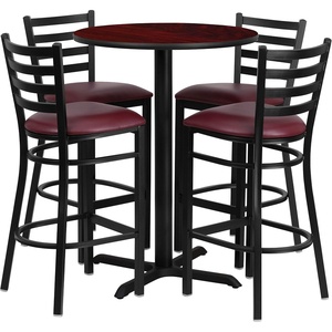 image:imageFlash Furniture 30 Round Black Laminate Table Set with XBase and 4 Ladder Back Metal Barstools  Black Vinyl SeatMahogany TopBurgundy Vinyl Seat