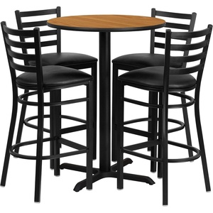 image:imageFlash Furniture 30 Round Black Laminate Table Set with XBase and 4 Ladder Back Metal Barstools  Black Vinyl SeatNatural TopBlack Vinyl Seat