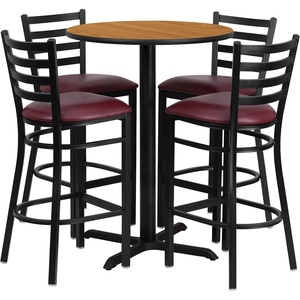 image:imageFlash Furniture 30 Round Black Laminate Table Set with XBase and 4 Ladder Back Metal Barstools  Black Vinyl SeatNatural TopBurgundy Vinyl Seat