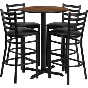 image:imageFlash Furniture 30 Round Black Laminate Table Set with XBase and 4 Ladder Back Metal Barstools  Black Vinyl SeatWalnut TopBlack Vinyl Seat