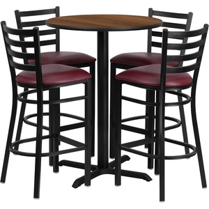 image:imageFlash Furniture 30 Round Black Laminate Table Set with XBase and 4 Ladder Back Metal Barstools  Black Vinyl SeatWalnut TopBurgundy Vinyl Seat