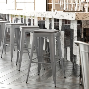 image:imageFlash Furniture Cierra 4 Pack Commercial Indoor Bar Height Stools  Teal Galvanized Steel Frame  TealBlue AllWeather Poly Resin Seat  30 High  BacklessGray Resin Wood SeatSilver Frame