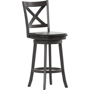 image:imageFlash Furniture Felicity Commercial Classic Crossback Barstool  Antique Oak Wood Frame  Black LeatherSoft Seat  Bar Height  360 Swivel Seat  FootrestBlack VinylGray Wash Walnut Frame