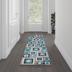 image:imageFlash Furniture Gideon Collection 8 x 8 Round Abstract Area Rug  Turquoise Grey and White Olefin Facing  Cotton Backing  Living Room or BedroomTurquoise