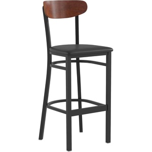 image:imageFlash Furniture Wright Commercial Grade Barstool  Walnut Finish Solid Wood Seat and Boomerang Back  500 LB Capacity Black Steel Frame  Integrated FootrestWalnut Wood BackBlack Vinyl Seat