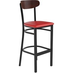 image:imageFlash Furniture Wright Commercial Grade Barstool  Walnut Finish Solid Wood Seat and Boomerang Back  500 LB Capacity Black Steel Frame  Integrated FootrestWalnut Wood BackRed Vinyl Seat