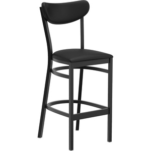 image:imageFlash Furniture Wright Commercial Grade Barstool  Walnut Finish Solid Wood Seat and Boomerang Back  500 LB Capacity Black Steel Frame  Integrated FootrestBlack Vinyl BackBlack Vinyl Seat