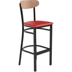 image:imageFlash Furniture Wright Commercial Grade Barstool  Walnut Finish Solid Wood Seat and Boomerang Back  500 LB Capacity Black Steel Frame  Integrated FootrestNatural Birch Wood BackRed Vinyl Seat