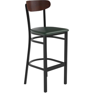 image:imageFlash Furniture Wright Commercial Grade Barstool  Walnut Finish Solid Wood Seat and Boomerang Back  500 LB Capacity Black Steel Frame  Integrated FootrestWalnut Wood BackGreen Vinyl Seat