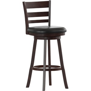 image:imageFlash Furniture Zerrick Commercial Classic Ladderback Barstool  Antique Oak Wood Frame  Black LeatherSoft Seat  Bar Height  360 Swivel Seat  FootrestBlack VinylEspresso Frame