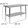 image:imageFlash Furniture 48x24 in Stainless Steel Prep Table  NSF Certified 18 Gauge Galvanized Steel Adjustable Undershelf24 x 48 without Backsplash