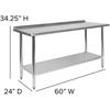 image:imageFlash Furniture 48x24 in Stainless Steel Prep Table  NSF Certified 18 Gauge Galvanized Steel Adjustable Undershelf24 x 60 with Backsplash