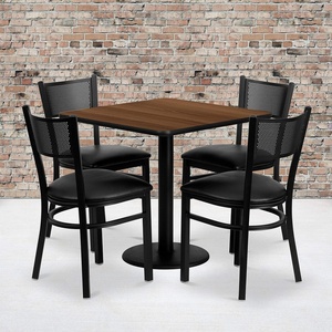 image:imageFlash Furniture 30 Square Walnut Laminate Table Set with 4 Grid Back Metal Chairs  Black Vinyl Seat