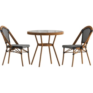 image:imageFlash Furniture Bordeaux IndoorOutdoor Commercial Bistro Set  Tempered Glass Top Table  2 Chairs  PE Rattan  NAT Bamboo Print Aluminum Frame  BlackWhiteBlack  White RattanNatural Frame