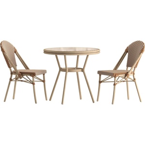 image:imageFlash Furniture Lourdes IndoorOutdoor Commercial French Bistro Set  Tempered Glass Top Table  2 Chairs  PE Rattan  Lt NAT Bamboo Print Aluminum Frame  NATWhtNatural  White RattanLight Natural Frame