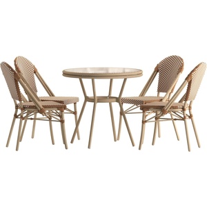 image:imageFlash Furniture Lourdes IndoorOutdoor Commercial French Bistro Set  Tempered Glass Top Table  4 Chairs  PE Rattan  Lt NAT Bamboo Print Aluminum Frame  NATWhtNatural  White RattanLight Natural Frame