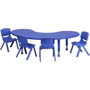 image:imageFlash Furniture 65x35 in HalfMoon Activity Table with 4 Chairs Blue  Height Adjustable Table Durable Construction Commercial UseBlue