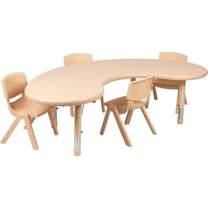image:imageFlash Furniture 65x35 in HalfMoon Activity Table with 4 Chairs Blue  Height Adjustable Table Durable Construction Commercial UseNatural