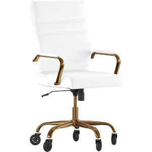 image:imageFlash Furniture Whitney High Back Black LeatherSoft Executive Swivel Office Chair with Gold Frame Arms and Transparent Roller Wheels  Transparent Roller Wheels 360 Swivel Height Adjustable Commercial GradeWhite LeathersoftGold Frame