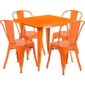 image:imageFlash Furniture 5Piece Commercial 315 Square Metal Dining Table and Chairs Set IndoorOutdoor Dining Set with Table and 4 Stackable Chairs Black  Commercial Use IndoorOutdoor UseOrange