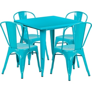 image:imageFlash Furniture 5Piece Commercial 315 Square Metal Dining Table and Chairs Set IndoorOutdoor Dining Set with Table and 4 Stackable Chairs Black  Commercial Use IndoorOutdoor UseCrystal Tealblue