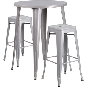 image:imageFlash Furniture Commercial Grade 30 Round Black Metal IndoorOutdoor Bar Table Set with 2 Square Seat Backless Stools  Commercial Grade IndoorOutdoor Use BacklessSilver