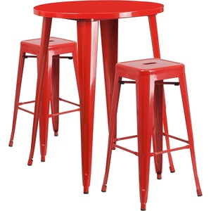image:imageFlash Furniture Commercial Grade 30 Round Black Metal IndoorOutdoor Bar Table Set with 2 Square Seat Backless Stools  Commercial Grade IndoorOutdoor Use BacklessRed