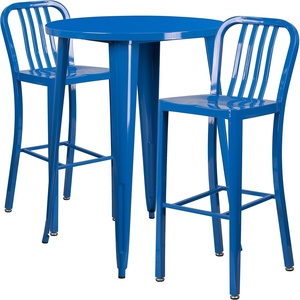 image:imageFlash Furniture Commercial Grade 30 Round Black Metal IndoorOutdoor Bar Table Set with 2 Vertical Slat Back Stools  Commercial Grade IndoorOutdoor Use Vertical Slat BackBlue