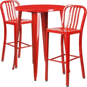 image:imageFlash Furniture Commercial Grade 30 Round Black Metal IndoorOutdoor Bar Table Set with 2 Vertical Slat Back Stools  Commercial Grade IndoorOutdoor Use Vertical Slat BackRed