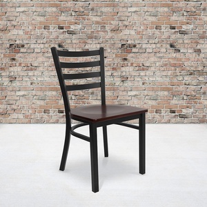 image:imageFlash Furniture 4 Pk HERCULES Series Brownblack Ladder Back Metal Restaurant Chair  Mahogany Wood Seat  Wood Seat Durable Construction Commercial Use Metal Frame