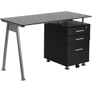image:imageFlash Furniture Singleton Black Glass Computer Desk with Three Drawer Pedestal  Tempered Glass Surface BoxBoxFile Pedestal Includes Lock and Key for Top Drawer
