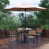 image:imageFlash Furniture Lark 7 Piece Outdoor Patio Dining Table Set  4 Synthetic Teak Stackable Chairs with Arms  35 Square Table  Tan Umbrella with Base  IndoorOutdoor Synthetic Teak Poly Slats Umbrella Hole Tan Umbrella Black BaseTan