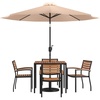 image:imageFlash Furniture Lark 7 Piece Outdoor Patio Dining Table Set  4 Synthetic Teak Stackable Chairs with Arms  35 Square Table  Tan Umbrella with Base  IndoorOutdoor Synthetic Teak Poly Slats Umbrella Hole Tan Umbrella Black BaseTan