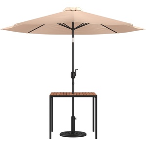 image:imageFlash Furniture Lark 3 Piece Outdoor Patio Table Set  Natural Faux Teak Dining Table  35 Square Synthetic Teak Table with Umbrella Hole  Tan Umbrella with Base  Synthetic Teak Table Included Base Durable Construction Commercial UseTan
