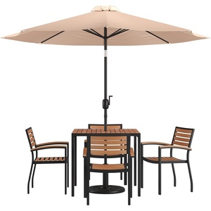 image:imageFlash Furniture Lark 7 Piece Outdoor Patio Dining Table Set  4 Synthetic Teak Stackable Chairs with Arms  35 Square Table  Tan Umbrella with Base  IndoorOutdoor Synthetic Teak Poly Slats Umbrella Hole Tan Umbrella Black BaseTan