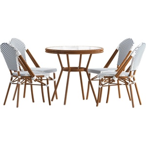 image:imageFlash Furniture Lourdes IndoorOutdoor Commercial French Bistro Set  Tempered Glass Top Table  4 Chairs  PE Rattan  NAT Bamboo Print Aluminum Frame  WhiteNavyWhite  Navy RattanNatural Frame