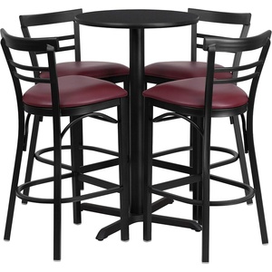 image:imageFlash Furniture Carlton 24 Round Mahogany Laminate Table Set with XBase and 4 TwoSlat Ladder Back Metal Barstools  Burgundy Vinyl SeatBlack TopBurgundy Vinyl Seat