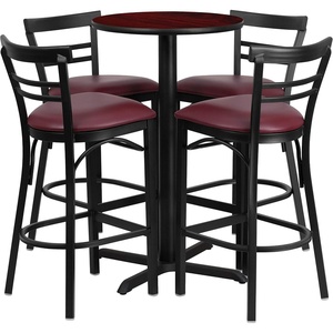 image:imageFlash Furniture Carlton 24 Round Mahogany Laminate Table Set with XBase and 4 TwoSlat Ladder Back Metal Barstools  Burgundy Vinyl SeatMahogany TopBurgundy Vinyl Seat